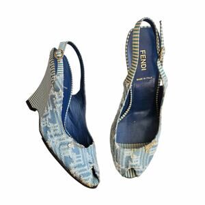 Y2k Fendi Wedge Heels Blue Denim Peep Toe Slingback Designer Sandals - 36.5